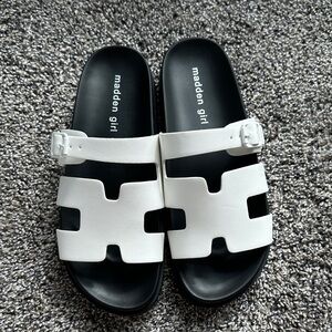 Madden Girl White and Black Double-Strap Slide Sandals